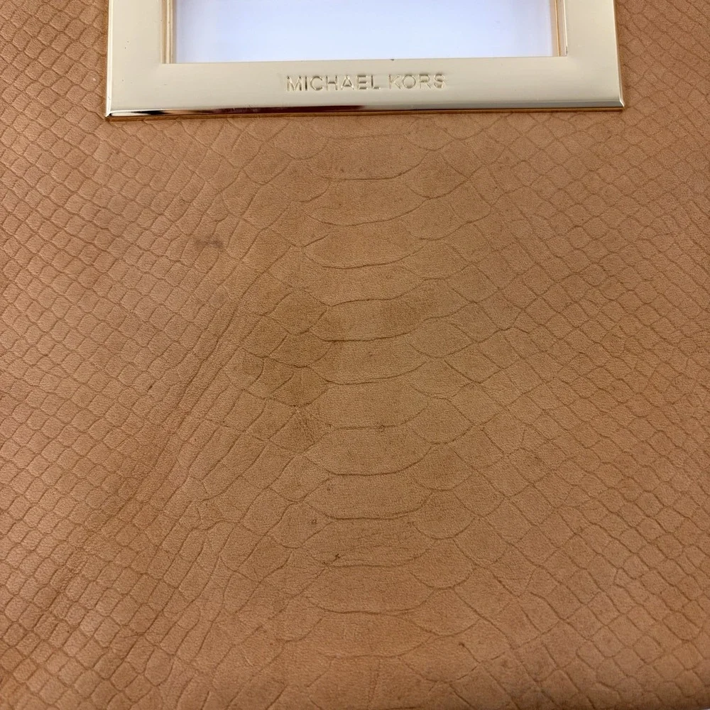 Michael Kors Tan Snakeskin Embossed‎ Leather Clutch Gold Frame